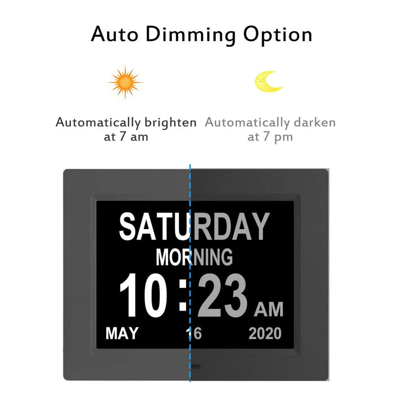 [Australia] - 2022 Upgrade 8 Inch Digital Day Calendar Clock -8 Alarm , Auto-Dimming,12/24H, Extra Large Day Date Time of Week, Dementia, Memory Loss,Impaired Vision Clock for Seniors/Elderly, Alzheimer's(Black) 