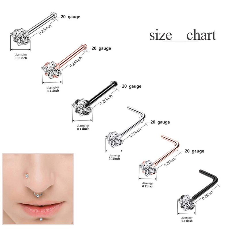 [Australia] - Nose Rings 20G L Shaped Nose Rings Studs Surgical Steel Nose Ring Diamond Piercing Jewelry for Women Men Black+rose gold 