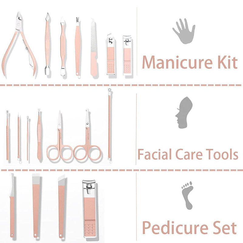 [Australia] - 18 in1 Nail Clippers Kit, Professional Trimming Manicure Set, High Precision Stainless Steel Nail Scissors Grooming Kit, With Apricot Leather Case For Travel & Daily Life(Rose Gold) 