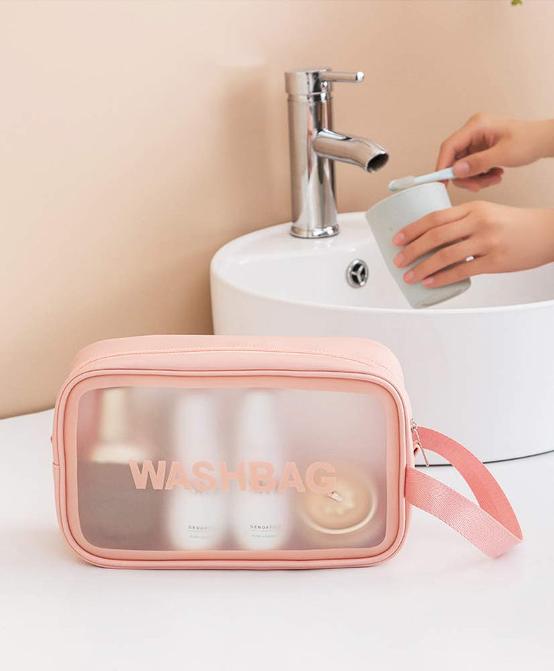 [Australia] - Clear Cosmetic Toiletry Makeup bag Waterproof Handle Portable Travel Toiletry Bag with Zipper (Pink) Pink 
