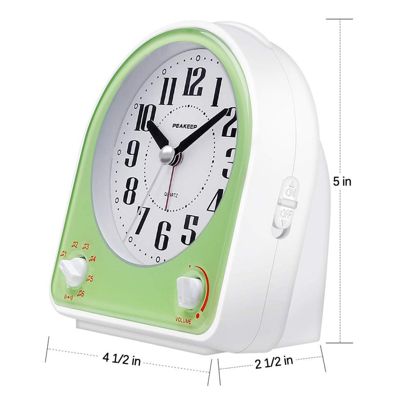 [Australia] - Peakeep Non-Ticking Silent Alarm Clock, Optional 7 Wake-up Sounds with Volume Control, Nightlight and Snooze, AA Battery Operated and Included (Green) Green 