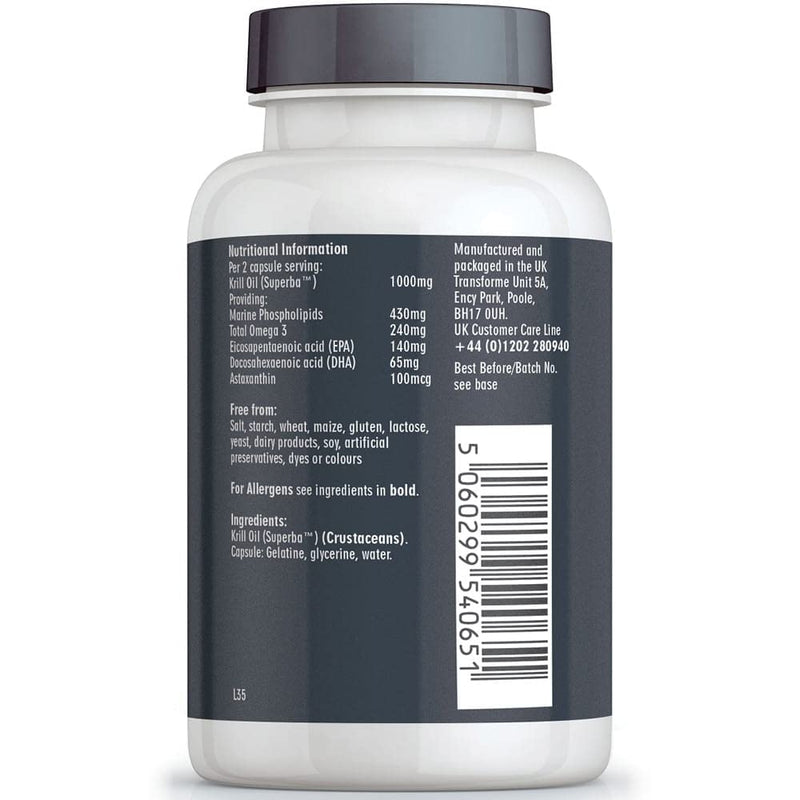 [Australia] - Superba Red Krill Oil Capsules 1000mg Serving, 180 x 500mg Easy Swallow Softgels, High Omega 3 EPA DHA & Astaxanthin, Sustainably Antarctic Sourced, Money Back Guarantee, by Transforme 
