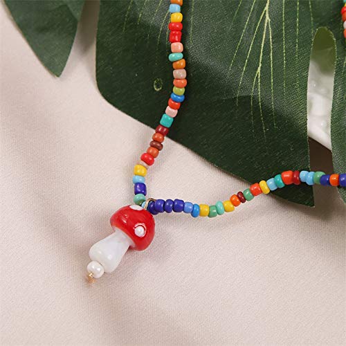 [Australia] - Pingyongchang Cute 4pcs Colorful Beads Chain Dainty Mushroom Shape Pendant Necklace Set Sweet Fresh Vegetables Mushroom Choker Jewelry Set for Women Girls Men 