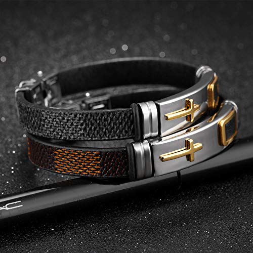 [Australia] - Starlight Cross Religious Bracelets for Men，Stainless Steel and Silicone Leather Men's Cuff Bangle for Teen Boys and Man Black 185.0 Millimeters 