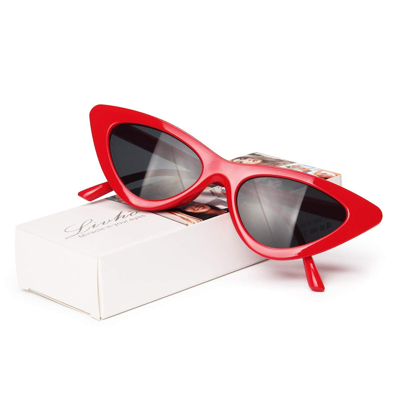 [Australia] - Livhò Retro Vintage Narrow Cat Eye Sunglasses for Women Clout Goggles Plastic Frame A-red Frame + Grey Lens 