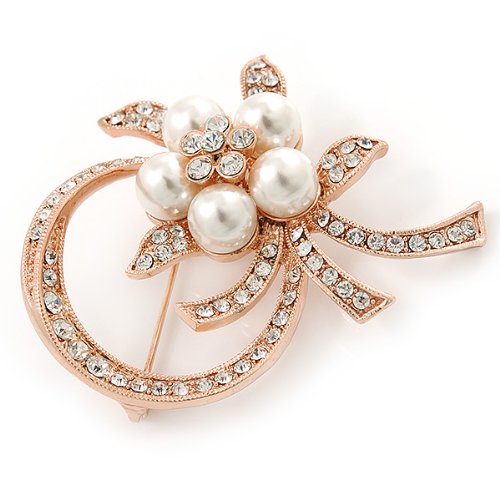 [Australia] - Avalaya Bridal Crystal, Similutated Pearl Flower Brooch in Rose Tone Gold - 50mm Across 