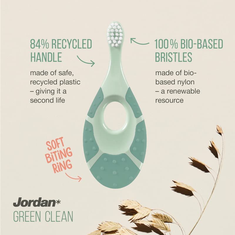 [Australia] - Jordan ® | Step 1 Green Clean Toddler Toothbrush | Sustainable Baby Toothbrush 0-2 Years | Bio Based Extra Soft bristles, 84% Recycled Handle, Soft Biting Ring | Mixed Colors | Pack 3 Units 
