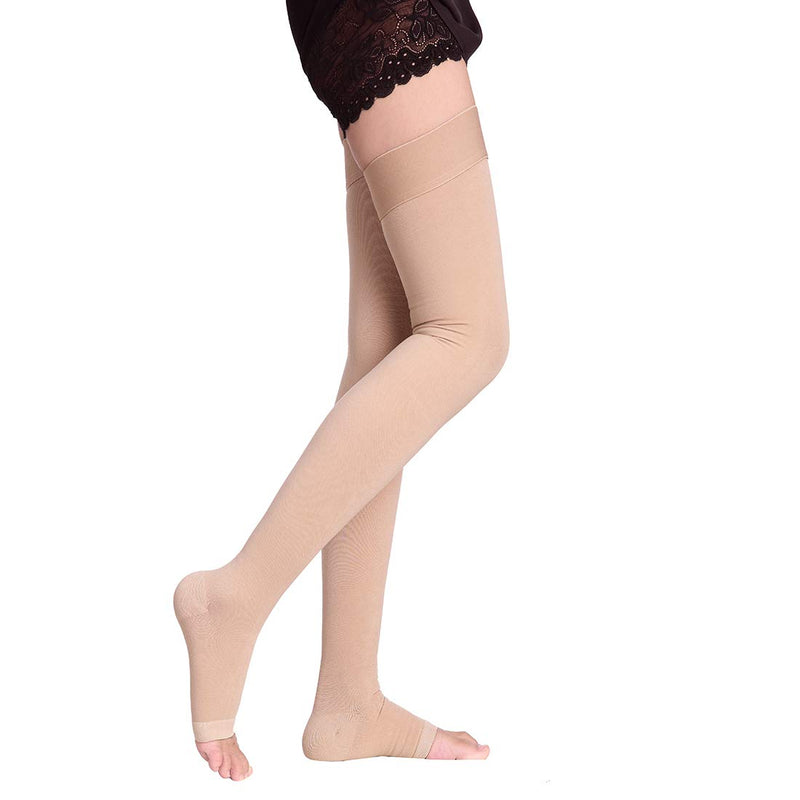 [Australia] - Thigh High Compression Socks for Men & Women, 20-30 mmHg Open Toe Stockings. Nude Small 