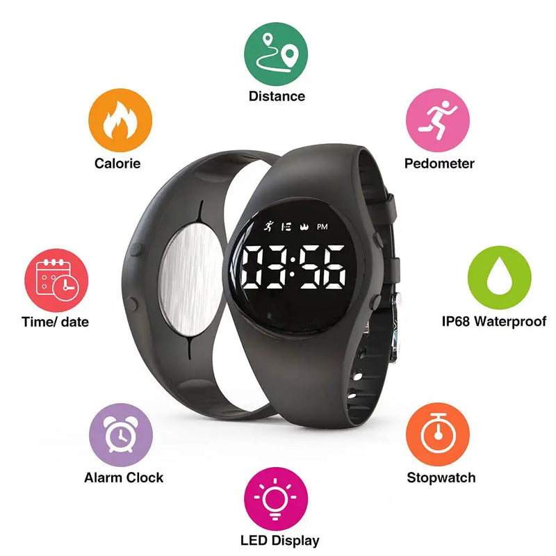 [Australia] - Led Digital Pedometer Watch , Digital Steps Tracker , Non-Bluetooth, Vibrating Alarm Clock, Stopwatch, Great Gift for Children Teens Girls Boys Women Black 