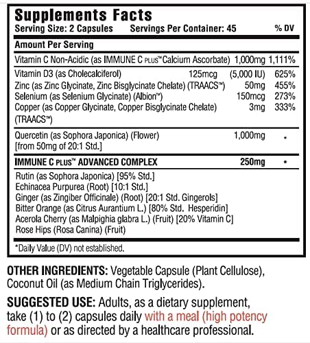 [Australia] - (90 Capsules), Quercetin 1,000mg, Vitamin C 1,000mg, Zinc 50mg, Vitamin D3 5,000iu, Selenium, Copper, Acerola, Ginger, Rutin, Bitter Orange, Rose Hips, Echinacea, Immune C Plus, 12 in 1 Immune Support 90 Count (Pack of 1) 