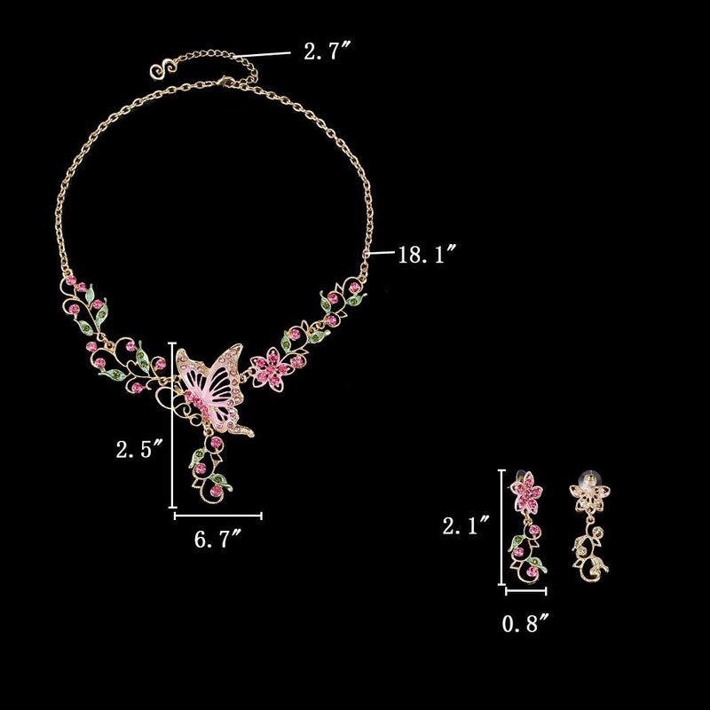 [Australia] - EleQueen Women's Austrian Crystal Butterfly Flower Leaf Necklace Earrings Set Gold-Tone Pink 