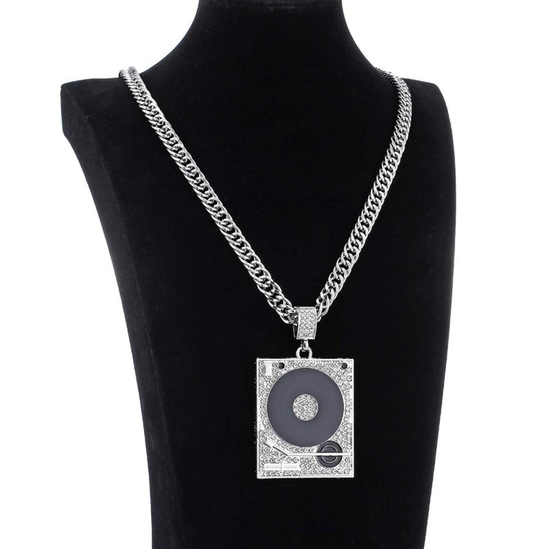 [Australia] - Xusamss Hip Hop DJ 18K Gold Plated Crystal Phonograph Tag Pendant Necklace with Chain plated silver 