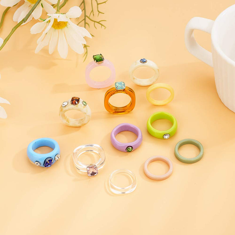 [Australia] - nonsucheer 12 Pcs Chunky Resin Acrylic Trendy Rings with Crystals, Retro Vintage Plastic Rhinestone Ring for Women Girls, Transparent Gem Jewelry Gift 12pcs(Style 1) 