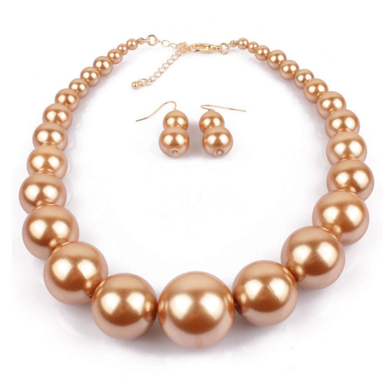 [Australia] - Qiaoqiao Womens Faux Big Pearl Choker Necklace and Drop Earring Set Fashion Large Simulated Pearl Statement Collar Bib Necklace Earrings Costume Jewelry Set Brown 
