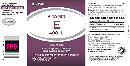 [Australia] - GNC Vitamin E 400 IU, 180 Softgels, Supports a Healthy Cardiovascular System 