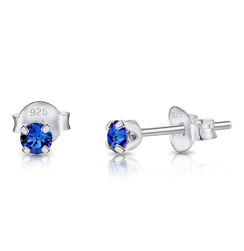 [Australia] - DTPSilver - 925 Sterling Silver * TINY * Round Stud Earrings made with Glittering Crystals from Swarovski® Elements - Diameter: 3 mm - Many Colours to choose from Blue Sapphire 