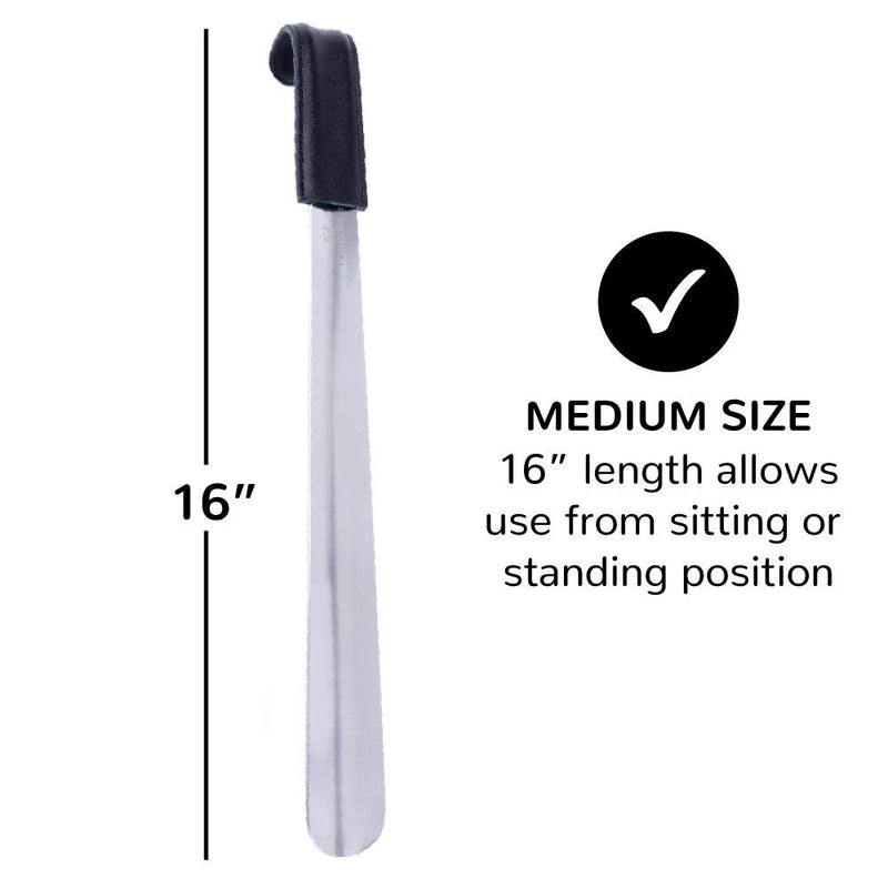 [Australia] - FootFitter Premium Stainless Steel Shoe Horn - 1.8 mm Extra Thick, Best Sturdy Shoehorn with Genuine Leather Handle Grip 16" Shoe Horn 