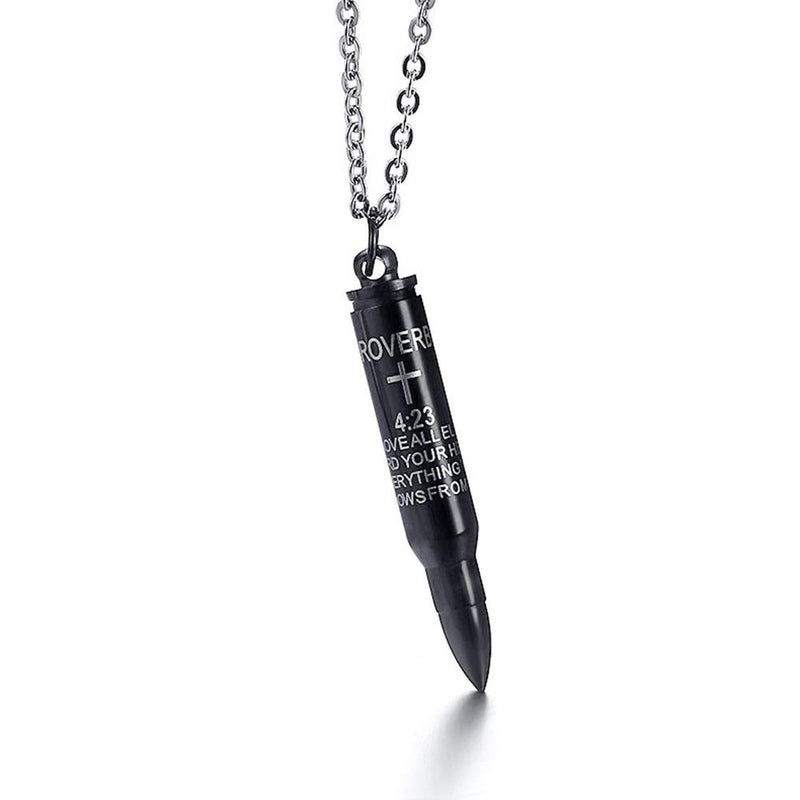 [Australia] - HUANIAN Stainless Steel Scripture Bullet Shape Canister Capsule Memorial Keepsake Pendant Cremation Ash Urn Necklace Black 