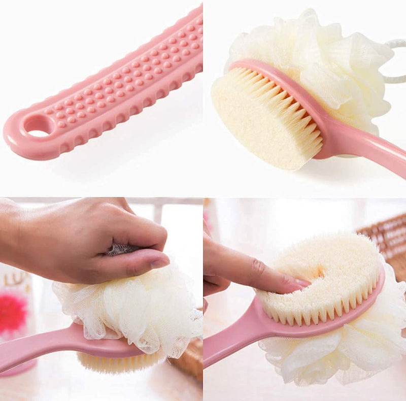 [Australia] - 2 Pack Shower Body Brushes with Bristles and Loofah, Back Scrubbers Bath Mesh Sponge with Curved Long Handle for Exfoliating Skin, Massage Bristles Suitable for Wet or Dry, Men and Women (Blue & Pink) 