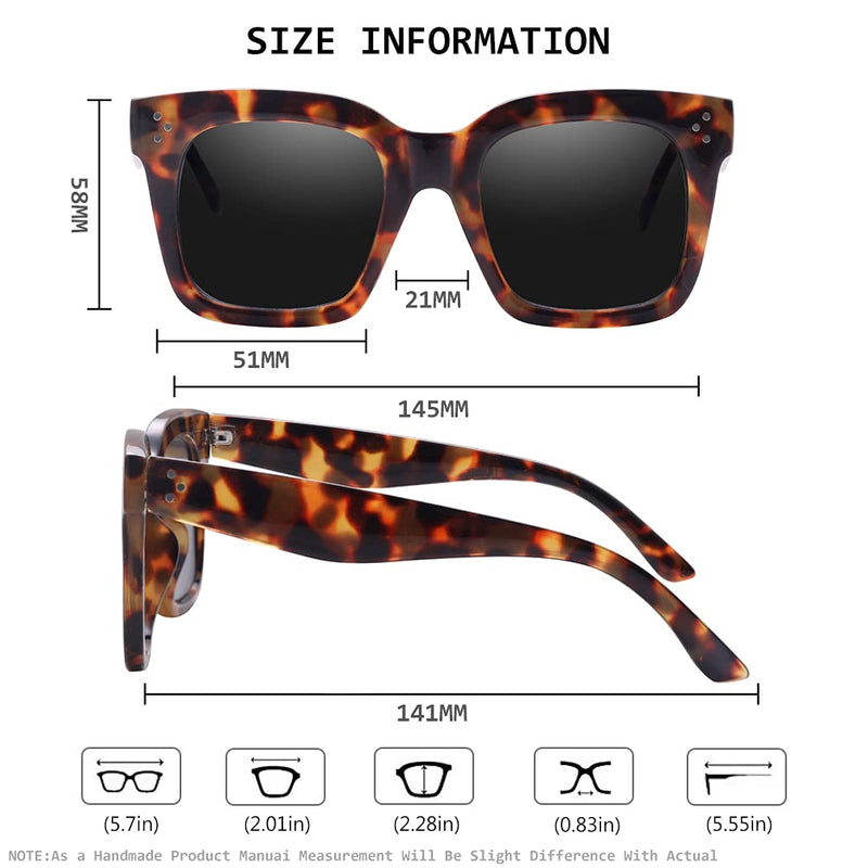 [Australia] - TAOTAOQI Vintage Women Oversized Sunglasses Designer Luxury Square Sun Glasses UV400 Protection Flat Lens Amber Tortoise Frame Black Lens 51 Millimeters 