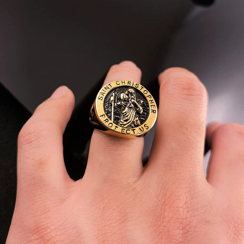 [Australia] - SturdyPYee Men St. Michael/Christopher/George/Virgin Mary Ring, Archangel Lucky Amulet Protection Rings-Stainless/Gold Plated St Christopher-gold plated 7 