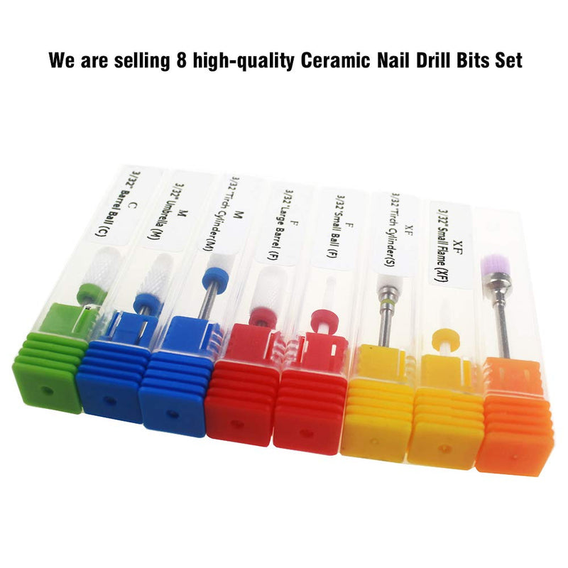 [Australia] - Xmasir 8 Pieces 3/32" Ceramic Nail Drill Bits Set Cuticle Clean Acrylic Gel Remove Polishing Manicure Pedicure Nail Art Tools for Electric Nail File 8 Pcs Set 