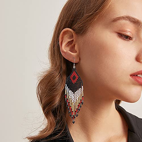 [Australia] - Long Beaded Tassel Earrings – Bohemian Native Handmade Seed Bead Tassel Earrings for Women Girls Black 