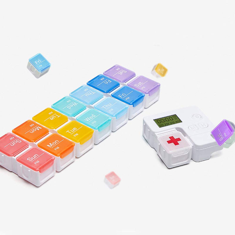 [Australia] - Portable Pill Box with Smart Reminder Alarm, 14 Grids Intelligent Electronic Digital Timer AM and PM Medicine Dispenser, Weakly Pill Organiser for Outdoor Travel Work 