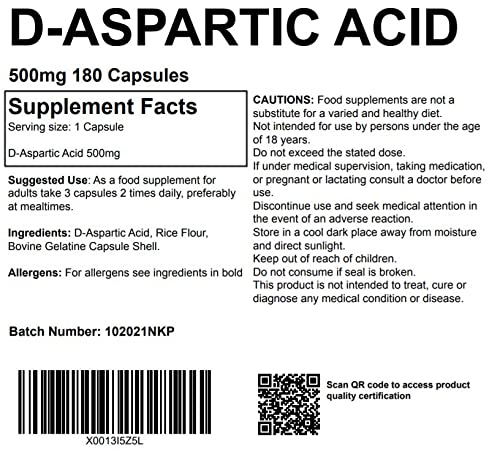 [Australia] - D Aspartic Acid DAA 500mg 180 Capsules UK Made. Pharmaceutical Grade 