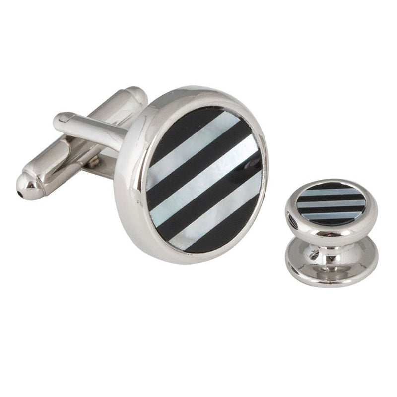 [Australia] - Mens Striped Onyx Mother of Pearl Tuxedo Cufflinks Studs (That Don't Spin) with Presentation Box 