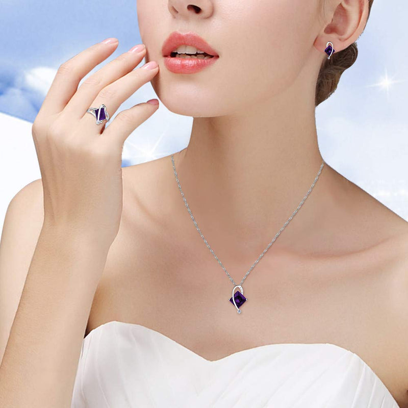 [Australia] - Uloveido Charm Created Topaz Big Square Crystal Necklace Matching Stud Earrings Rings Jewelry Set T295 Purple 8 