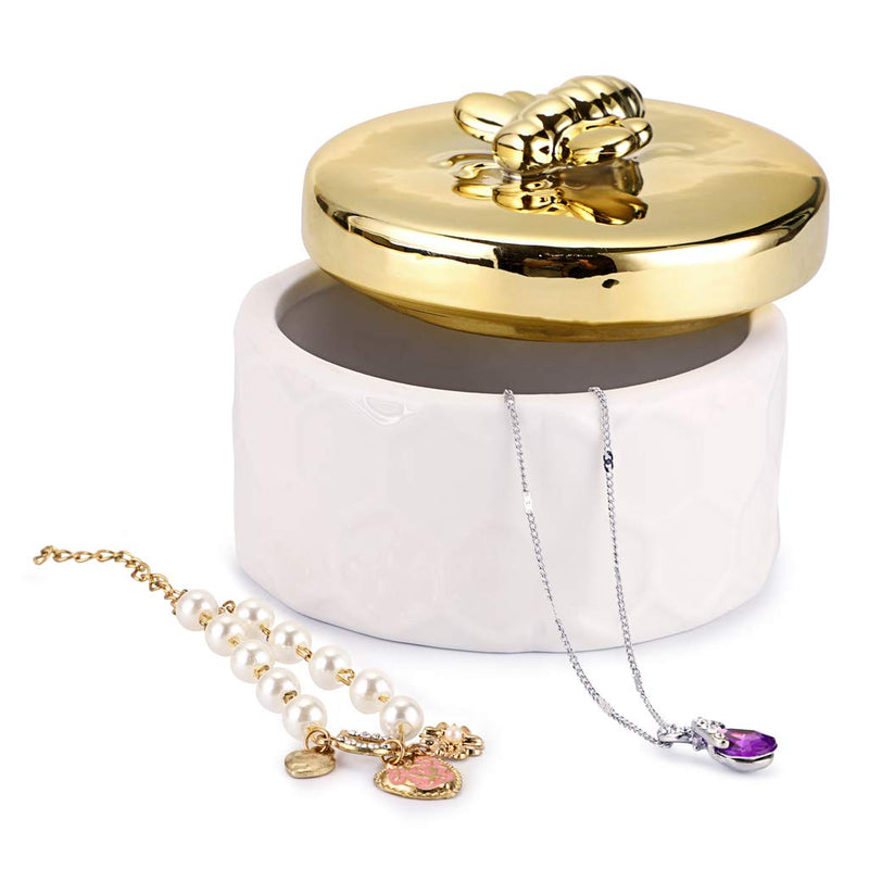 [Australia] - Hipiwe Ceramics Jewelry Box with Golden Bee Lid - Small Jewelry Display Organizer Holder Trinket Storage Tank Container for Home Decor,Gift for Girls Women 