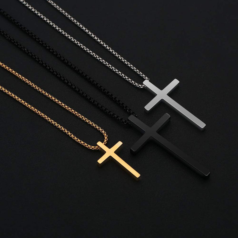 [Australia] - M MOOHAM Cross Necklace for Men, Silver Black Gold Stainless Steel Plain Cross Pendant Necklace for Men Box Chain 16-30 Inch 16.0 Inches Black: Cross Pendant 1.2"*0.7" 