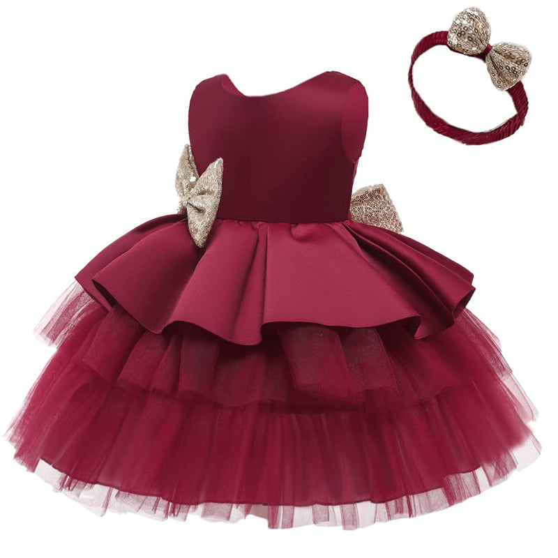 [Australia] - NSSMWTTC 6M-6T Baby Backless Pageant Dress Toddler Girls Tutu Gown Flower Dresses with Headwear Burgundy 6-12 Months 