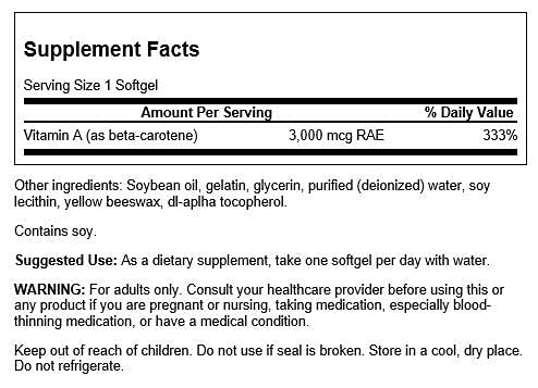 [Australia] - Swanson Beta-Carotene (Vitamin A) Skin Eye Immune System Health Antioxidant Support 10000 Iu (3000 mcg) 100 Sgels 1 