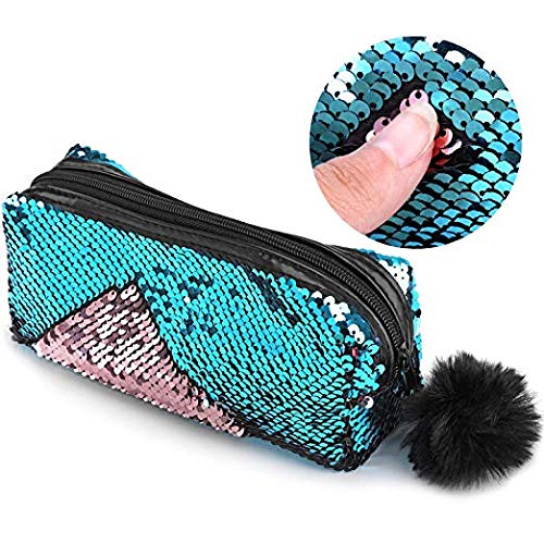 [Australia] - Glitter Cosmetic Bag Mermaid Spiral Reversible Sequins Portable Double Color Students Pencil Case for Girls Women Handbag Purse Make Up Pouch with Pompon Zip Closure(Blue+Pink) 