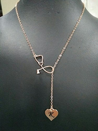 [Australia] - MANZHEN Rose Gold Plated Medicine Stethoscope Heart Initial Alphabet Letter Necklace for Doctor Nurse B 