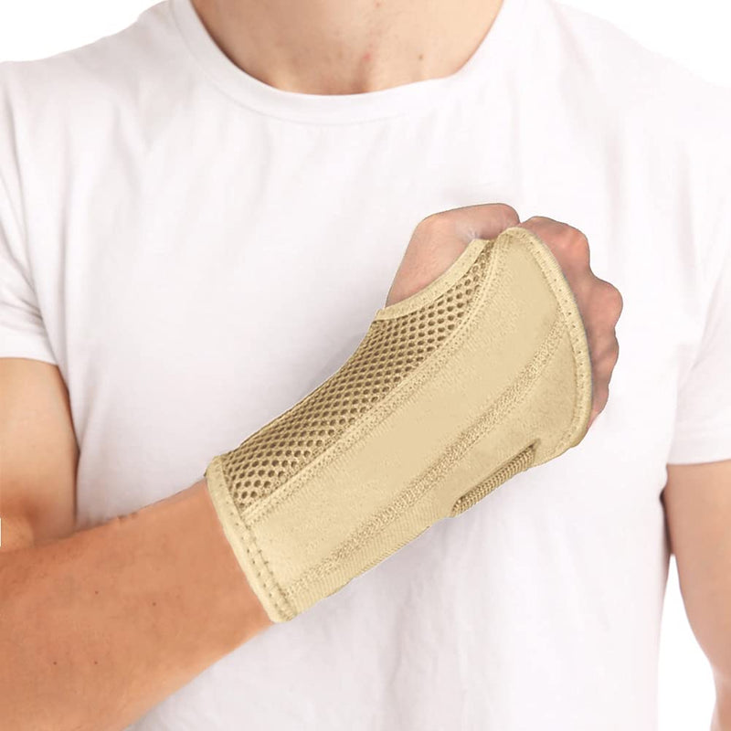 [Australia] - NuCamper Wrist Brace Carpal Tunnel Right Left Hand for Men Women, Night Wrist Sleep Supports Splints Arm Stabilizer with Compression Sleeve Adjustable Straps,for Tendonitis Arthritis Pain Relief (Right Hand-Beige, Small/Medium (Pack of 1)) 
