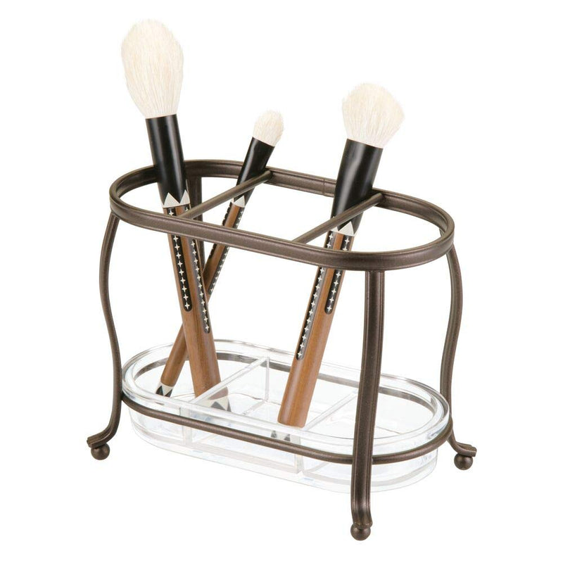 [Australia] - mDesign Decorative Makeup Brush Storage Organizer Tray Stand for Bathroom Vanity Counter Tops, Dressing Tables, Cosmetic Stations - 3 Sections with Removable Bottom Tray - Bronze/Clear 