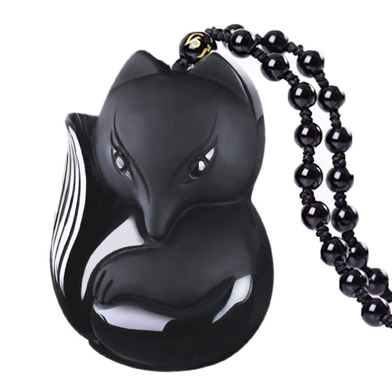 [Australia] - Pure Natural Obsidian Pendant Necklace Obsidian Crystal Pendant Necklace Pattern with Extend Bead Chain for Men or Women fox 