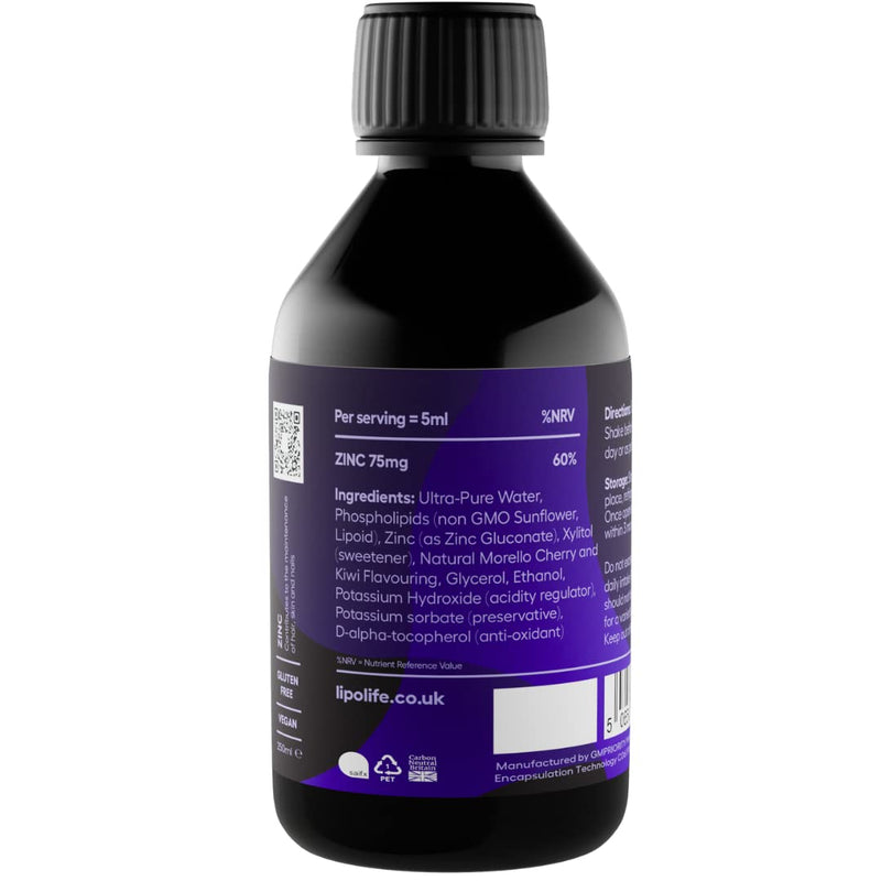 [Australia] - lipolife liposomal liquid Zinc supplement for optimal immune support LLZ1. Delicious cherry and kiwi flavour, vegan, gluten free, sugar free. 48 servings. 