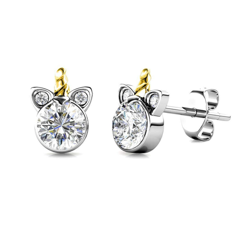 [Australia] - Silver Small Unicorn Stud Swarovski Crystal Earrings with Gold Horn - Rhodium and 18ct Gold Plated for Girl's Birthday or Christmas Gift 