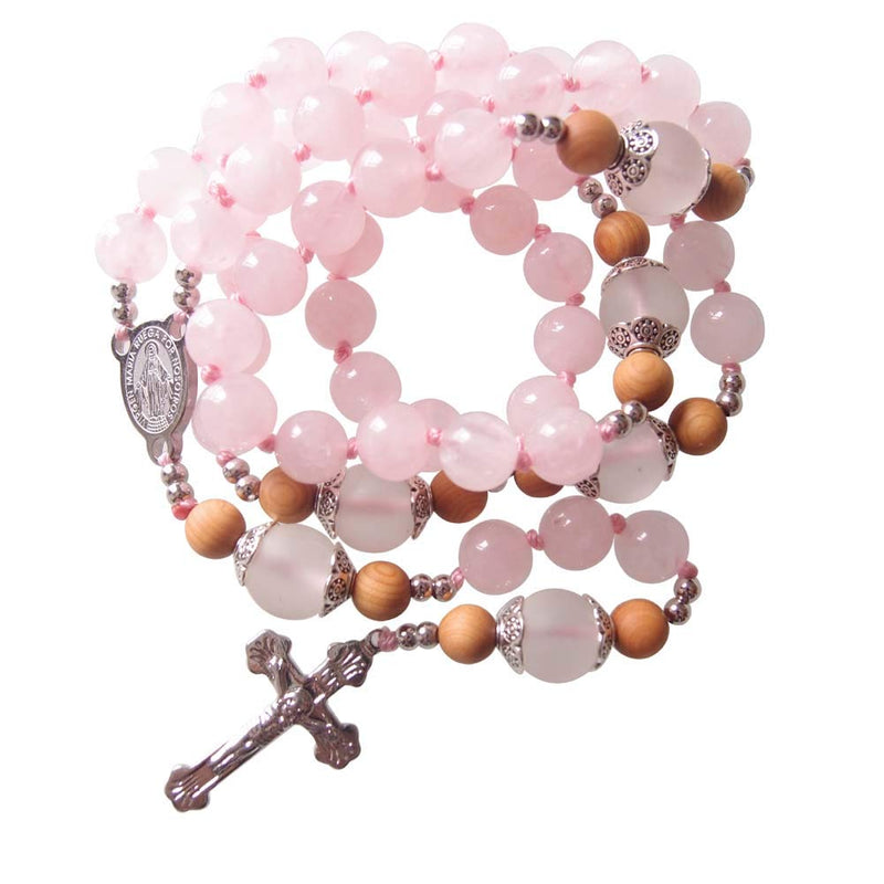 [Australia] - Sundysh Rosary Beads Catholic Necklace for Women Girls, Pink Crystal Wood Prayer Rosaries Chain, 5 Decades Steel Crucifix Cross Christian Jewelry Gift 