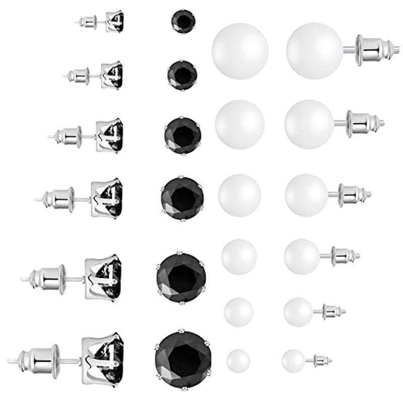 [Australia] - SUNSCSC Women's Stainless Steel Round Clear Cubic Zirconia Pearl Stud Earrings for Girls Gift 12 Pairs Black 