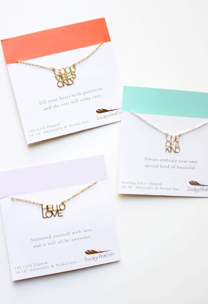 [Australia] - Lucky Feather Good Vibes Only Inspirational Strength Necklace for Girls - 14K Gold Dipped with Adjustable 16" - 17" Chain - Ideal Gift for Friends 