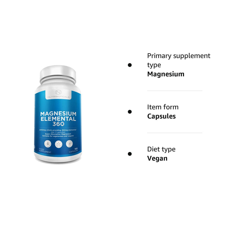 [Australia] - Magnesium Citrate 2250mg of Pure Citrate Providing 360mg Elemental, 96 Percent of Your Recommended Daily Amount - 180 Vegan Capsules (3 caps per Serving, 2 Months Supply) 