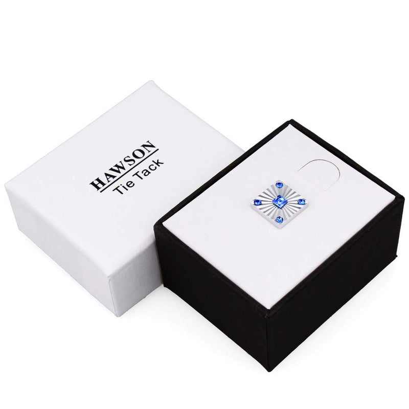 [Australia] - HAWSON Square Crystal Tie Tacks Clips Pins for Mens - Faceted Crystals in Rich, Swiss-Engraved Cutting Blue 