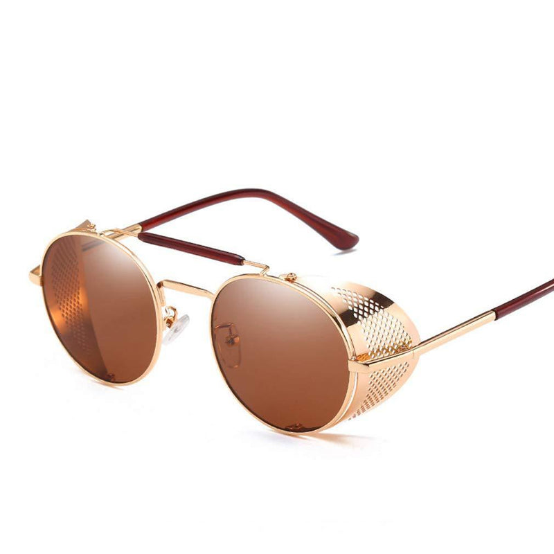 [Australia] - AidShunN Unisex SteamPunk Sunglasses Classic Retro Style Metal Round Goggle Golden/Tea 