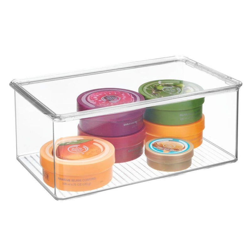 [Australia] - mDesign Bathroom Plastic Stackable Storage Box Container, Hinged Lid - Cabinet, Vanity Organizer for Toiletries, Makeup, First Aid, Hair Accessories, Bar Soap, Loofahs, Bath Salts - Clear 