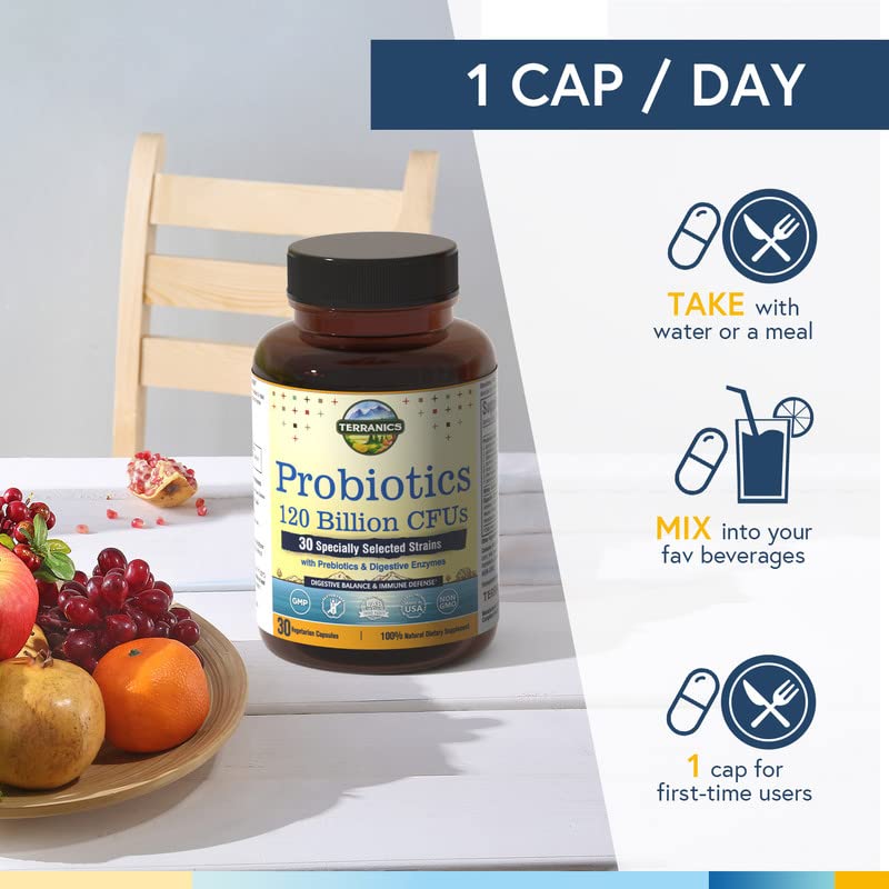 [Australia] - Terranics Probiotics 120 Billion with Prebiotics & Digestive Enzymes, 30 Tested Strains, Complete Digestion & Immune Support, Non-GMO, NO Soy, Dairy & Gluten, for Men and Women, 30 Veggie Capsules 